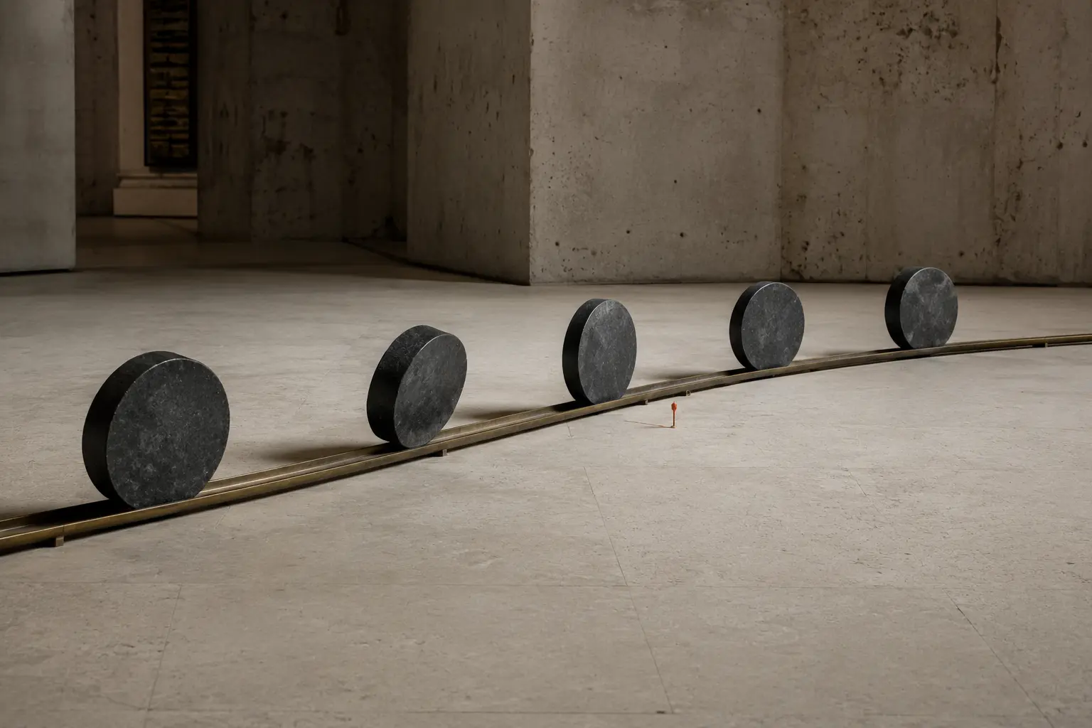 Five basalt discs moving along a shallow curved brass track in a quiet gallery